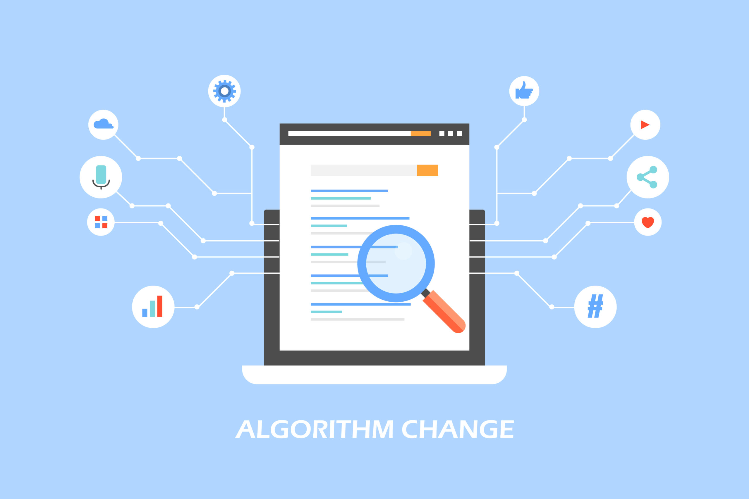 Algorithm change, update, search engine algorithm signals flat design vector concept with icons on blue background